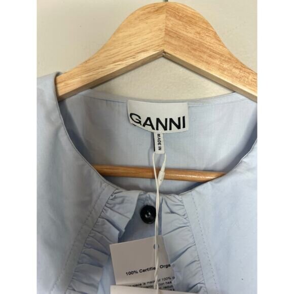 NWT Ganni Poplin Shirt Cotton Oversized Collar Puffed Sleeve Top Heather Size: M - Picture 6 of 8